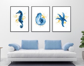 Beach Watercolor Wall Art, Set of Three Beachy Wall Decor, Over Bed Wall Art Beach, Coastal Wall Art, Sea Shell Art, Printable Wall Gallery