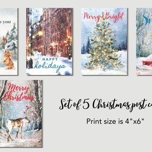 Set van 5 kerstkaarten, afdrukbare kerstkaarten, aquarel kerstkaart, wenskaartbundel, afdrukbare sneeuwpopkaart