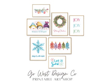 May include: Set of eight printable Christmas art prints featuring watercolor illustrations of snowmen, snowflakes, Christmas trees, wreaths, and the word "JOY". The prints include the phrases "Merry & Bright", "Merry Christmas", "Baby it's cold outside", and "Let it Snow".