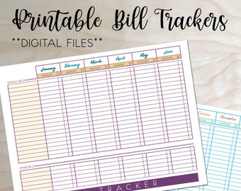 BILL TRACKER PRINTABLE : 2 sizes, 2 colors, 1 black, digital download. Fits Erin Condren and Passion Planners