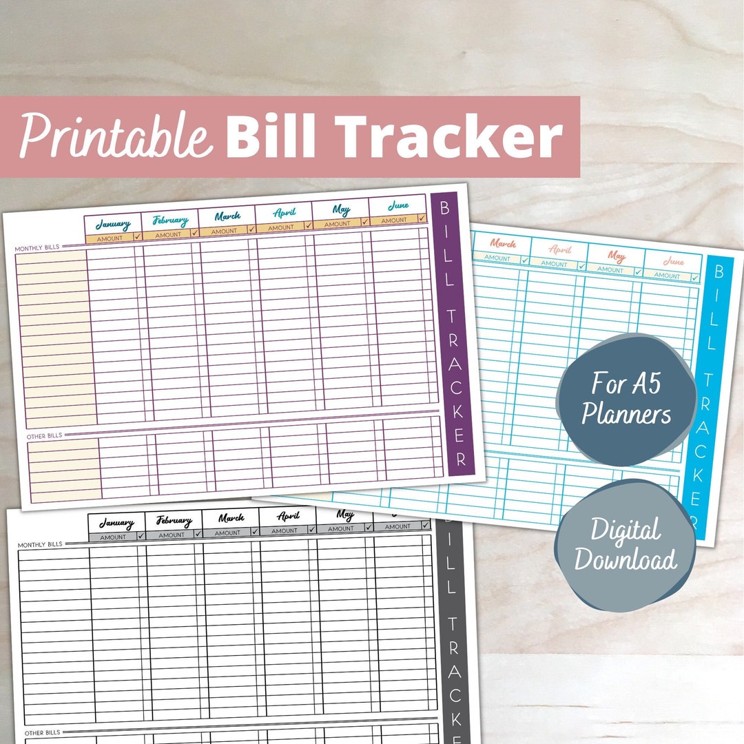 Printable Bill Tracker Fit for A5 Planners | 3 Different Colors ...