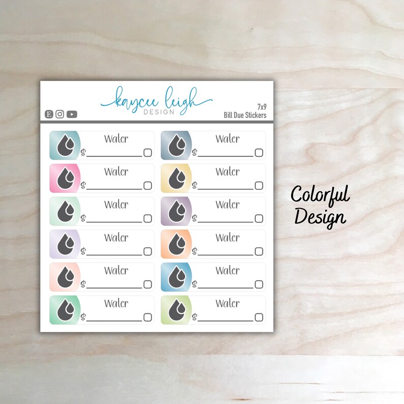 May include: A sheet of 7x9 bill due stickers featuring a colourful water drop design. Each sticker has a space to write the amount due and the name of the bill. The stickers are ideal for organising bills and keeping track of payments.