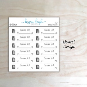 May include: A sheet of 7x9 bill due stickers with a neutral design. Each sticker features a gray icon of a document with a dollar sign and a blank space for writing in custom text.