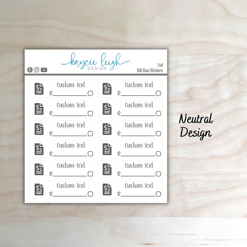 May include: A sheet of 7x9 bill due stickers with a neutral design. Each sticker features a gray icon of a document with a dollar sign and a blank space for writing in custom text.