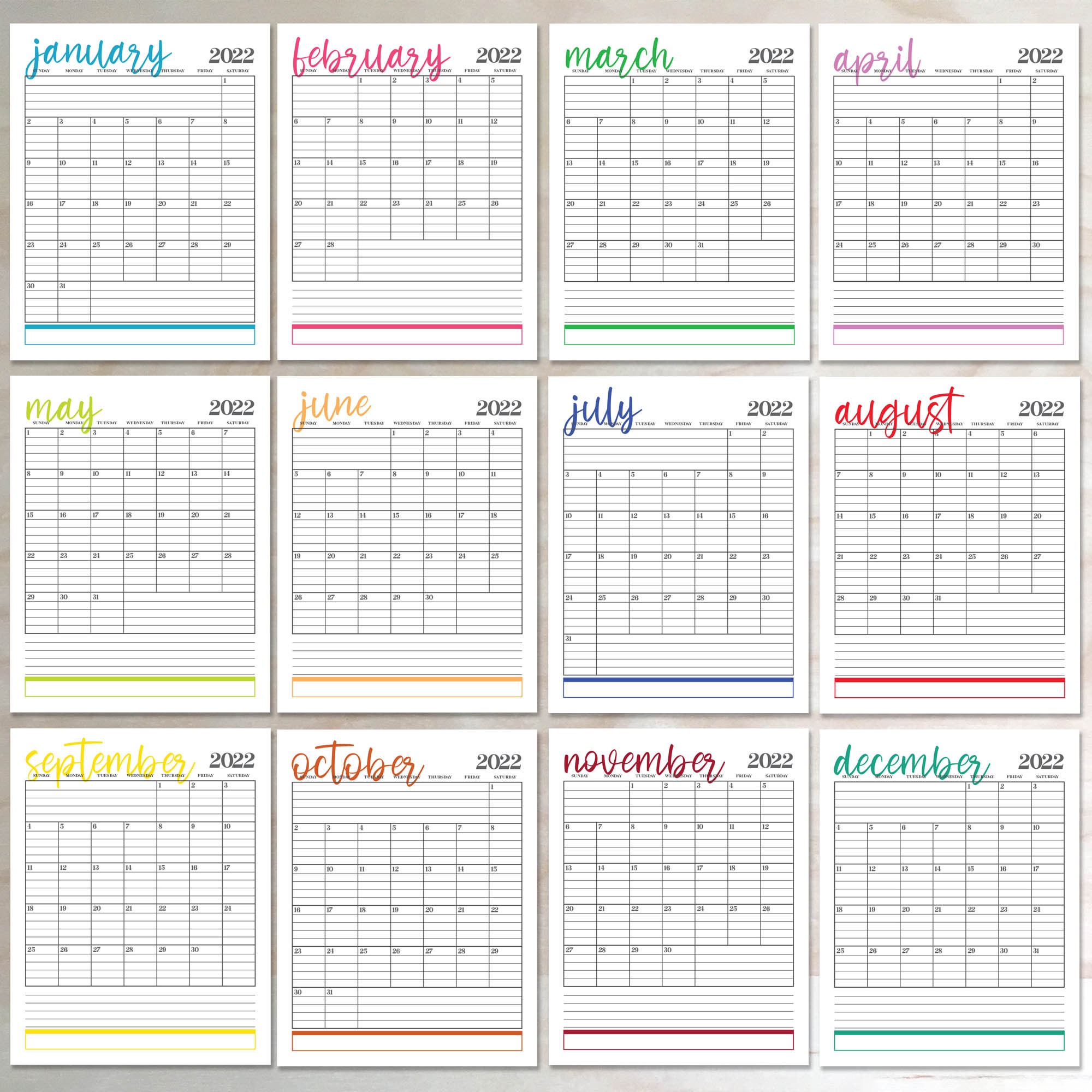 2022 Vertical Monthly Calendars 85x11 Lined Digital Printable Etsy