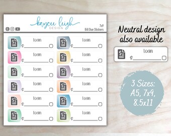 Loan Bill Due Planner Stickers | Colorful or Neutral | A5, 7x9, and 8.5x11 Sizes