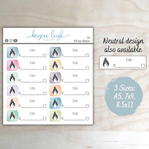 Gas Bill Due Planner Stickers | Colorful or Neutral | A5, 7x9, and 8.5x11 Sizes