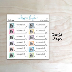 May include: A sheet of 7x9 bill due stickers with a colorful design. Each sticker has a black and white icon of a document with a dollar sign and a space for writing "Custom Text".