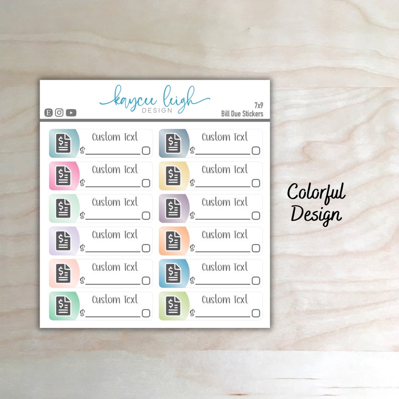 May include: A sheet of 7x9 bill due stickers with a colorful design. Each sticker has a black and white icon of a document with a dollar sign and a space for writing "Custom Text".