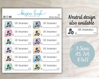 Life Insurance Bill Due Planner Stickers | Colorful or Neutral | A5, 7x9, and 8.5x11 Sizes