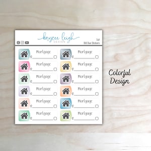 Puede incluir: Una hoja de 7x9 pegatinas de casas coloridas con el texto "Mortgage" y un espacio para escribir el importe. Las pegatinas est&aacute;n dise&ntilde;adas para el seguimiento de las facturas vencidas.