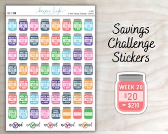 52 Week Savings Challenge Stickers for use in Planners, Notebooks, Bullet Journals, etc. | Colorful | G-035