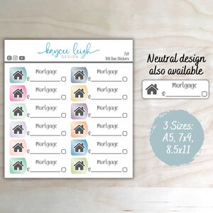 Puede incluir: Una hoja de pegatinas para facturas de 7x9 con un icono de casa y espacio para escribir el importe y la fecha de vencimiento. Las pegatinas tienen un fondo de acuarela en colores pastel. El texto "Dise&ntilde;o neutro tambi&eacute;n disponible" y "3 tama&ntilde;os: A5, 7x9, 8,5x11" tambi&eacute;n est&aacute; incluido.