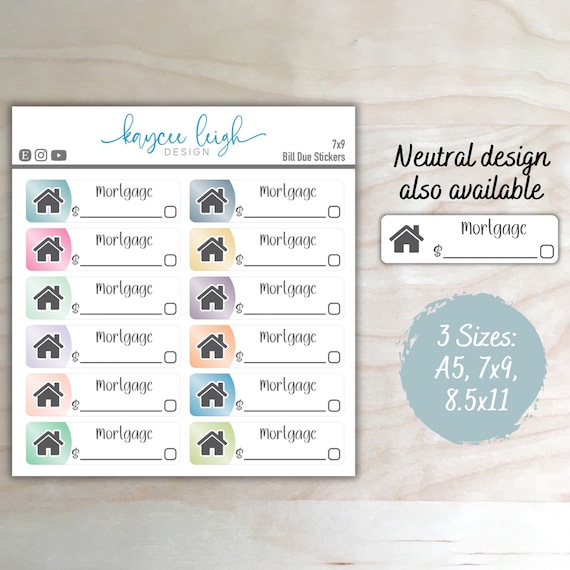 Mortgage Bill Due Planner Stickers | Colorful or Neutral | A5, 7x9, and 8.5x11 Sizes