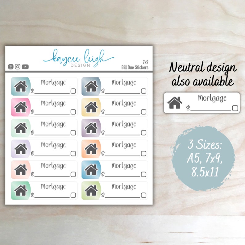 Puede incluir: Una hoja de pegatinas para facturas de 7x9 con un icono de casa y espacio para escribir el importe y la fecha de vencimiento. Las pegatinas tienen un fondo de acuarela en colores pastel. El texto "Dise&ntilde;o neutro tambi&eacute;n disponible" y "3 tama&ntilde;os: A5, 7x9, 8,5x11" tambi&eacute;n est&aacute; incluido.