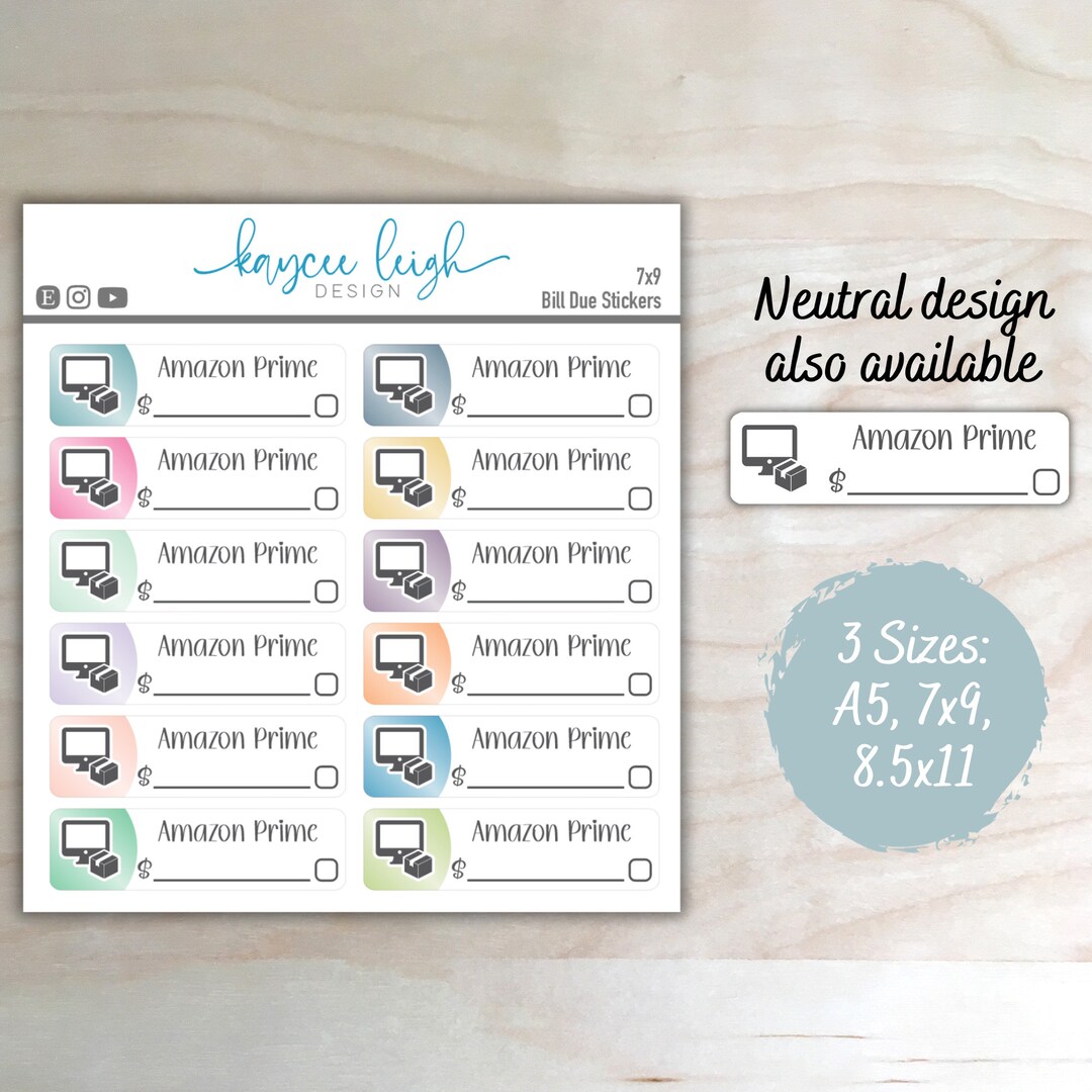 Amazon Prime Bill Due Planner Stickers Colorful or Neutral A5, 7x9, and