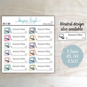 May include: A sheet of 7x9 inch stickers with a pastel color scheme. Each sticker features a gray icon of a computer monitor with a box on top, the text "Amazon Prime", a dollar sign, a blank line for a price, and a check box. The text "Neutral design also available" and "3 Sizes: A5, 7x9, 8.5x11" is also included.