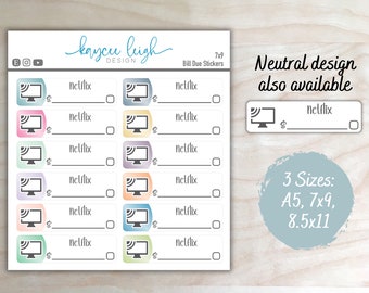 Netflix Bill Due Planner Stickers | Colorful or Neutral | A5, 7x9, and 8.5x11 Sizes