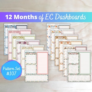 Puede incluir: Un conjunto de paneles de control de planificador con diseños florales y estampados. La imagen incluye el texto "12 Months of EC Dashboards" y "Pattern Set #107". Cada panel está diseñado para un mes diferente.