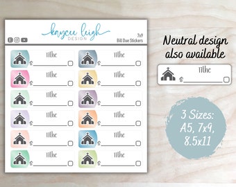 Tithe Bill Due Planner Stickers | Colorful or Neutral | A5, 7x9, and 8.5x11 Sizes