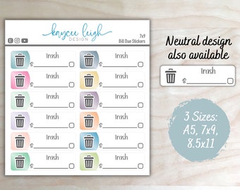 Trash Bill Due Planner Stickers | Colorful or Neutral | A5, 7x9, and 8.5x11 Sizes