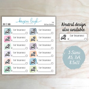 Car Insurance Bill Due Planner Stickers | Colorful or Neutral | A5, 7x9, and 8.5x11 Sizes