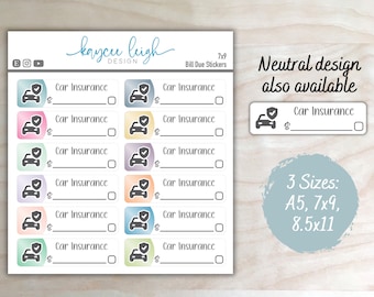 Car Insurance Bill Due Planner Stickers | Colorful or Neutral | A5, 7x9, and 8.5x11 Sizes