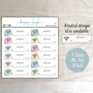 Internet Bill Due Planner Stickers | Colorful or Neutral | A5, 7x9, and 8.5x11 Sizes