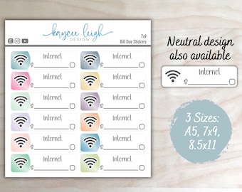 Internet Bill Due Planner Stickers | Colorful or Neutral | A5, 7x9, and 8.5x11 Sizes
