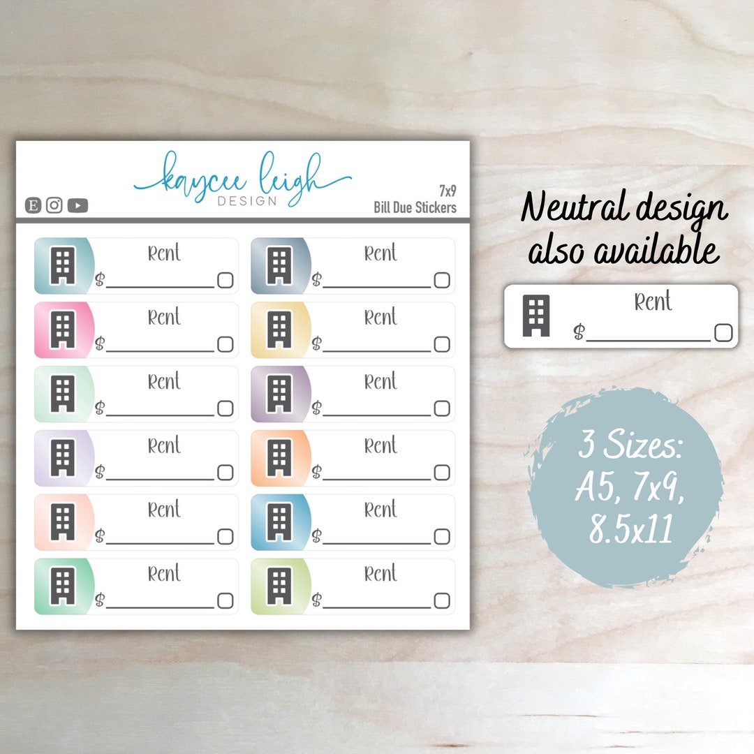 Creative Rent Me Stickers Rent Bill Due Planner Stickers | Colorful or Neutral | A5, 7x9, and 8 ...