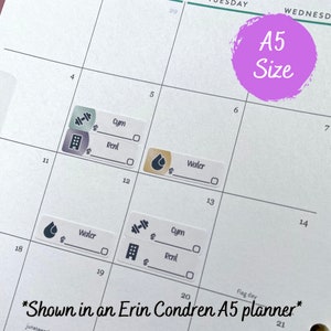 May include: A close-up of a calendar page with stickers for "Gym", "Rent", and "Water" on a white background. The calendar is labeled "A5 Size" and "*Shown in an Erin Condren A5 planner*" in the top right corner.