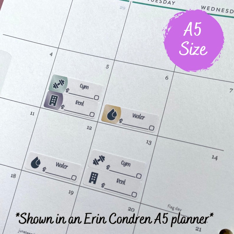 May include: A close-up of a calendar page with stickers for "Gym", "Rent", and "Water" on a white background. The calendar is labeled "A5 Size" and "*Shown in an Erin Condren A5 planner*" in the top right corner.