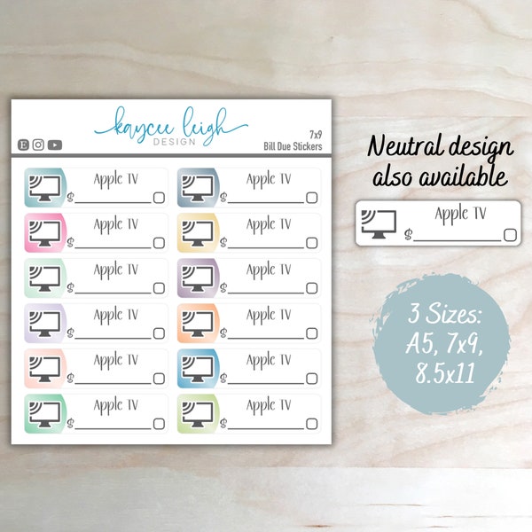 Apple TV Bill Due Planner Stickers | Colorful or Neutral | A5, 7x9, and 8.5x11 Sizes