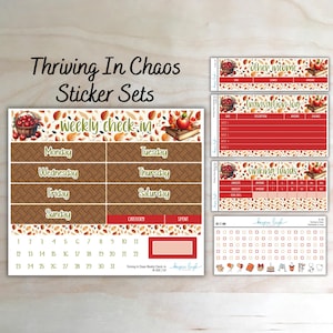 May include: A set of planner stickers featuring a fall theme with autumn leaves, apples, and baskets. The sheets include a weekly check-in calendar, a transaction log, a sinking funds tracker, and various small icons with text labels.