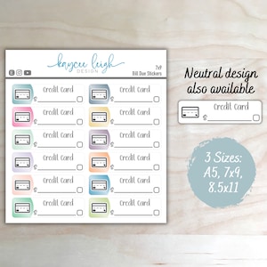 Pegatinas para planificador de facturas de tarjetas de crédito vencidas / Coloridas o neutras / Tamaños A5, 7x9 y 8,5x11 / Texto personalizable