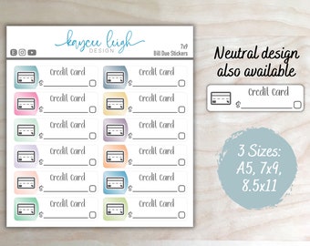 Credit Card Bill Due Planner Stickers | Colorful or Neutral | A5, 7x9, and 8.5x11 Sizes | Personalizable Text