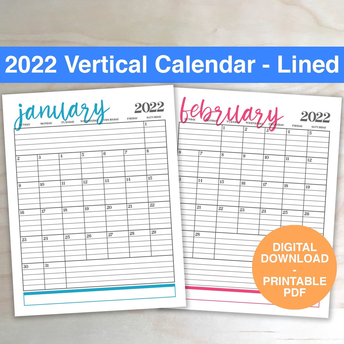 2022 vertical monthly calendars 85x11 lined digital printable etsy