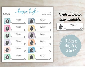 Water Bill Due Planner Stickers | Colorful or Neutral | A5, 7x9, and 8.5x11 Sizes