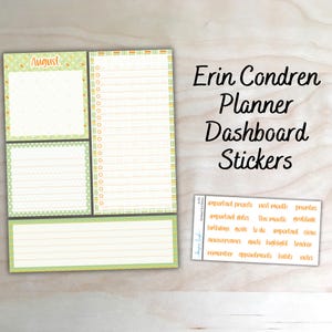 May include: A set of Erin Condren planner dashboard stickers featuring a large square box labeled August, a lined checklist, a lined rectangular box, and a long horizontal lined strip, plus a sheet of small orange text labels for planning.