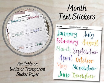 Colorful 12 Month Text Stickers | Available on White or Clear Sticker Paper | Months of the Year | Marker Font