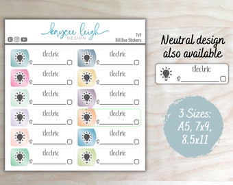Electric Bill Due Planner Stickers | Colorful or Neutral | A5, 7x9, and 8.5x11 Sizes