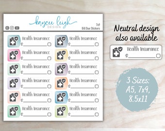 Health Insurance Bill Due Planner Stickers | Colorful or Neutral | A5, 7x9, and 8.5x11 Sizes