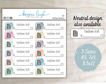 Custom Text Bill Due Planner Stickers | Colorful or Neutral | A5, 7x9, and 8.5x11 Sizes | Personalizable Text