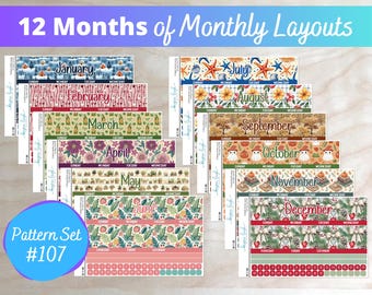 12 Months of Monthly Layout Stickers | 12 Different Designs | A5, 7x9, 8.5x11, & Softbound 8x10 | Erin Condren and Happy Planners | 107