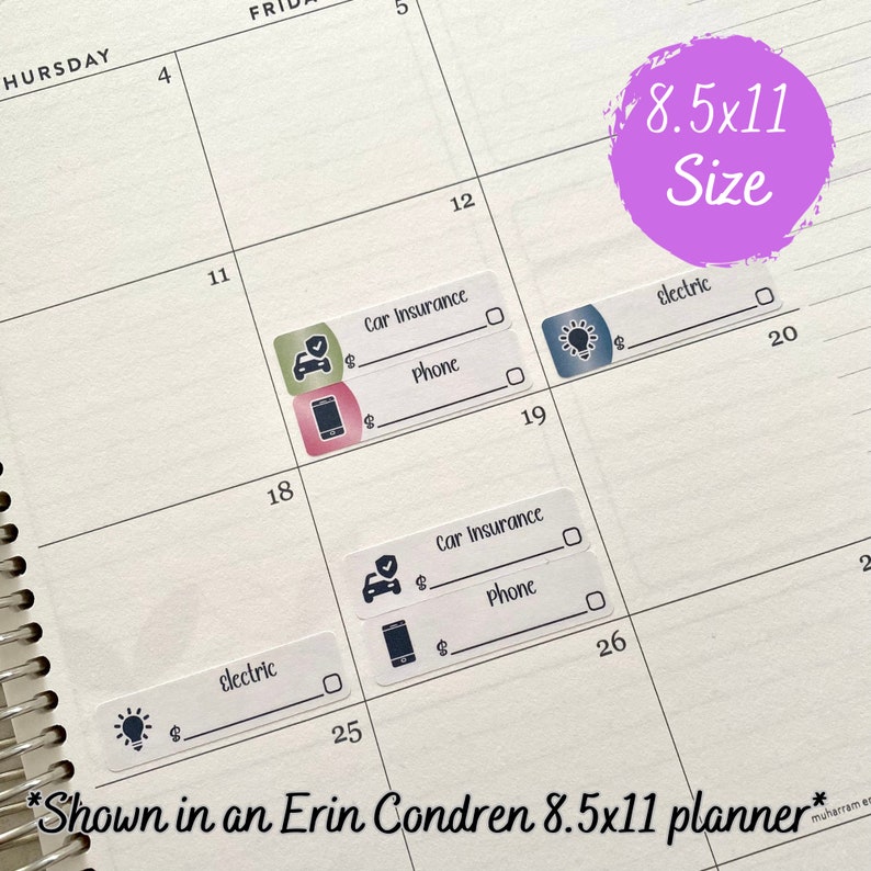 May include: A close-up of a planner with stickers for appointments. The stickers are for car insurance, phone calls, and electric bills. The planner is 8.5x11 inches and is shown in an Erin Condren planner.
