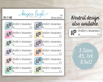 Renter's Insurance Bill Due Planner Stickers | Colorful or Neutral | A5, 7x9, and 8.5x11 Sizes