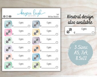 Gym Bill Due Planner Stickers | Colorful or Neutral | A5, 7x9, and 8.5x11 Sizes