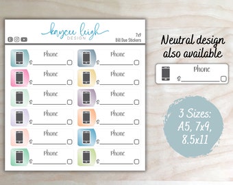 Phone Bill Due Planner Stickers | Colorful or Neutral | A5, 7x9, and 8.5x11 Sizes