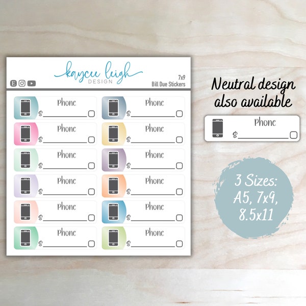 Phone Bill Due Planner Stickers | Colorful or Neutral | A5, 7x9, and 8.5x11 Sizes