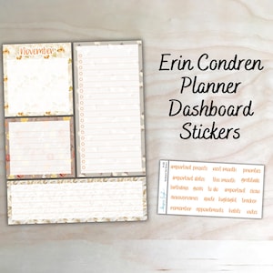 May include: A set of planner dashboard stickers featuring a November calendar block, a lined checklist, and various rectangular note sections with a fall leaf pattern. A smaller sheet includes text labels like important projects, goals, and habits.